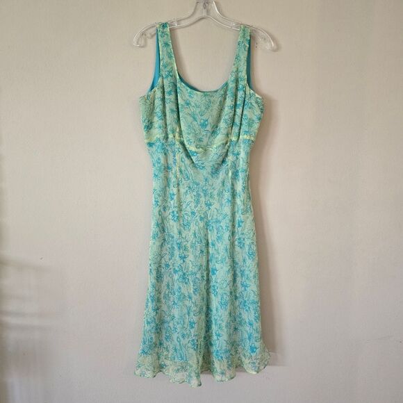 LA RUE 39 Floral Blue and Green Midi Dress Size 12P Y2K Fairycore 100% Silk - Picture 1 of 9